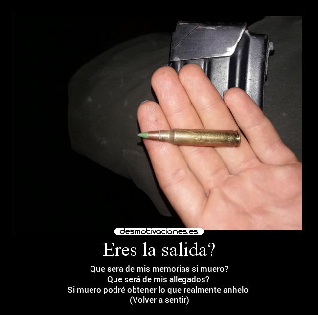 Eres la salida? - Que sera de mis memorias si muero?
Que será de mis allegados? 
Si muero podré obtener lo que realmente anhelo 
(Volver a sentir)