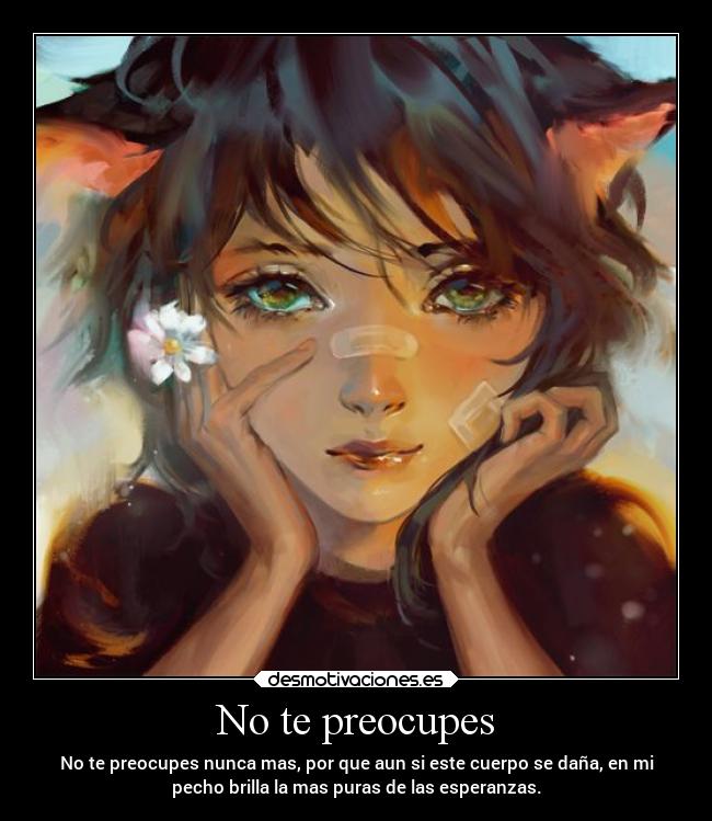 No te preocupes - No te preocupes nunca mas, por que aun si este cuerpo se daña, en mi
pecho brilla la mas puras de las esperanzas.