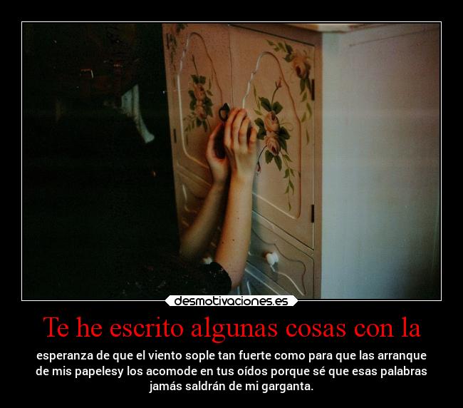Te he escrito algunas cosas con la - esperanza de que el viento sople tan fuerte como para que las arranque
de mis papelesy los acomode en tus oídos porque sé que esas palabras
jamás saldrán de mi garganta.