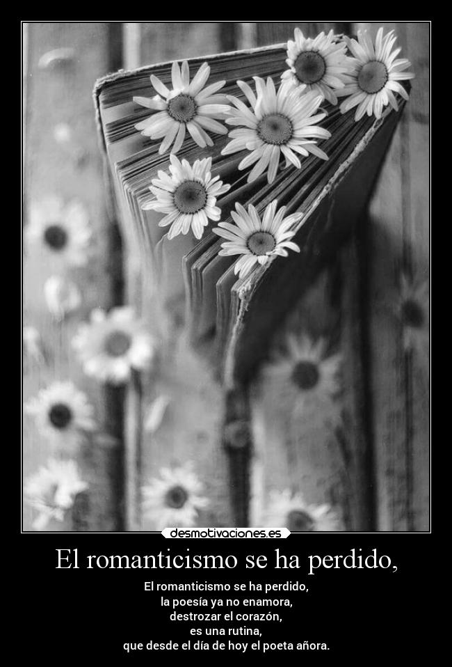 El romanticismo se ha perdido, - El romanticismo se ha perdido,
la poesía ya no enamora,
destrozar el corazón,
es una rutina,
que desde el día de hoy el poeta añora.