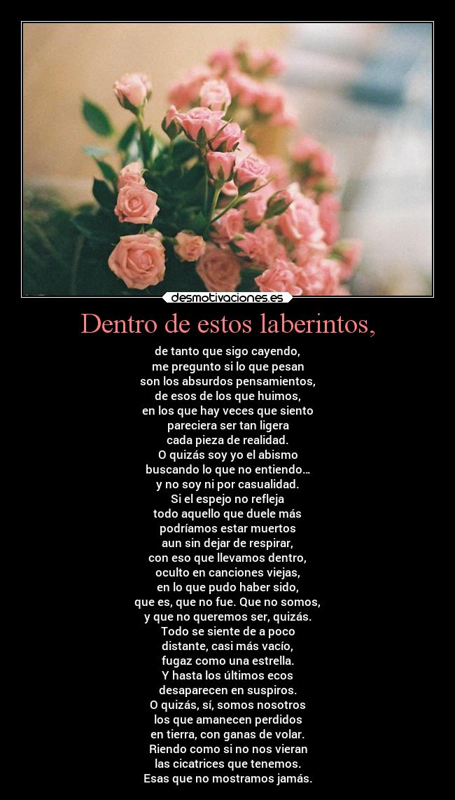Dentro de estos laberintos, - de tanto que sigo cayendo,
me pregunto si lo que pesan
son los absurdos pensamientos,
de esos de los que huimos,
en los que hay veces que siento
pareciera ser tan ligera
cada pieza de realidad.
O quizás soy yo el abismo
buscando lo que no entiendo…
y no soy ni por casualidad.
Si el espejo no refleja
todo aquello que duele más
podríamos estar muertos
aun sin dejar de respirar,
con eso que llevamos dentro,
oculto en canciones viejas,
en lo que pudo haber sido,
que es, que no fue. Que no somos,
y que no queremos ser, quizás.
Todo se siente de a poco
distante, casi más vacío,
fugaz como una estrella.
Y hasta los últimos ecos
desaparecen en suspiros.
O quizás, sí, somos nosotros
los que amanecen perdidos
en tierra, con ganas de volar.
Riendo como si no nos vieran
las cicatrices que tenemos.
Esas que no mostramos jamás.
