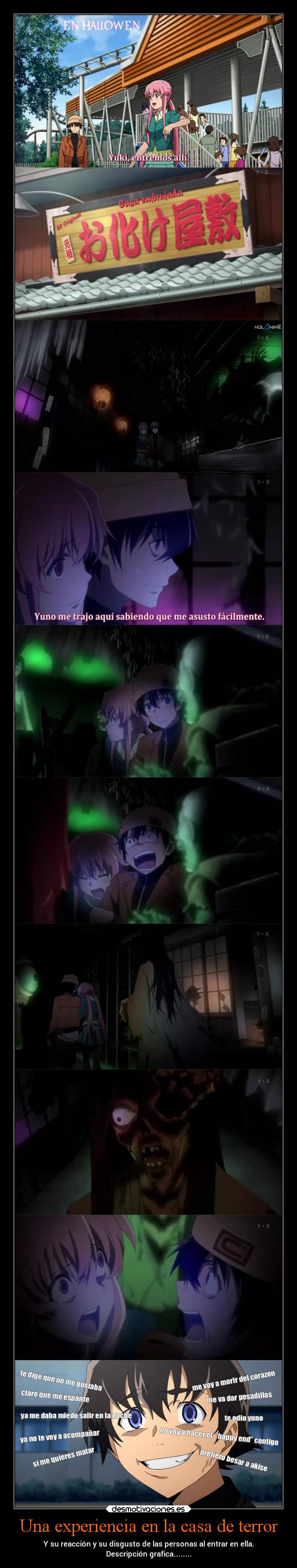 Una experiencia en la casa de terror - Y su reacción y su disgusto de las personas al entrar en ella.
Descripción grafica........