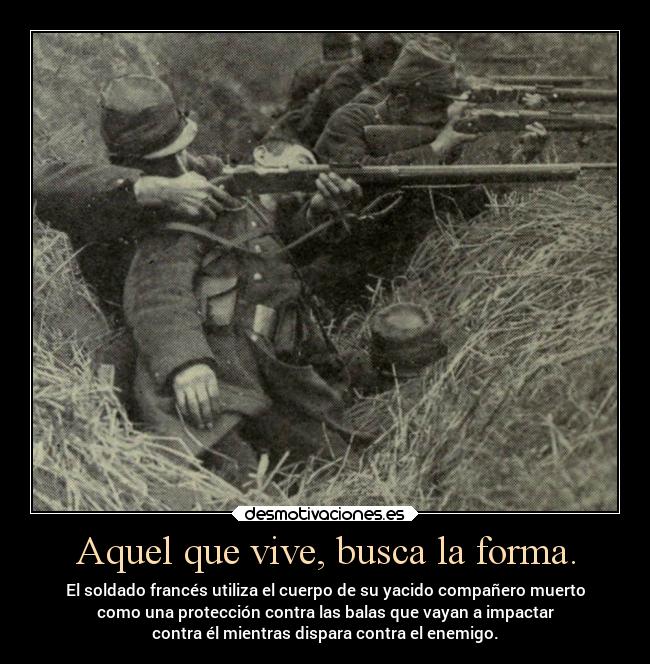 Aquel que vive, busca la forma. - El soldado francés utiliza el cuerpo de su yacido compañero muerto
como una protección contra las balas que vayan a impactar
contra él mientras dispara contra el enemigo.