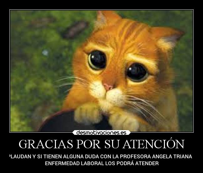 GRACIAS POR SU ATENCIÓN - APLAUDAN Y SI TIENEN ALGUNA DUDA CON LA PROFESORA ANGELA TRIANA DE
ENFERMEDAD LABORAL LOS PODRÁ ATENDER