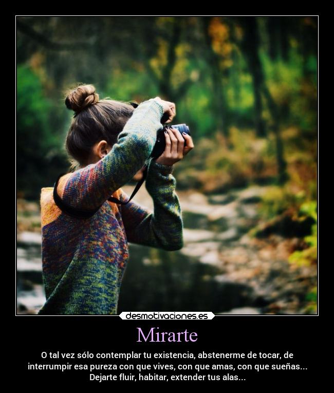 Mirarte - O tal vez sólo contemplar tu existencia, abstenerme de tocar, de
interrumpir esa pureza con que vives, con que amas, con que sueñas...
Dejarte fluir, habitar, extender tus alas...