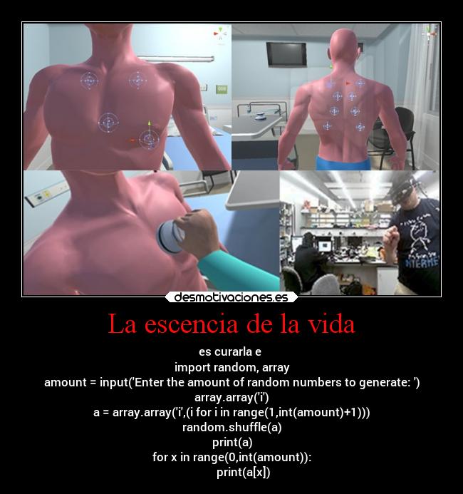 La escencia de la vida - es curarla e 
import random, array
amount = input(Enter the amount of random numbers to generate: )
array.array(i)
a = array.array(i,(i for i in range(1,int(amount)+1)))
random.shuffle(a)
print(a)
for x in range(0,int(amount)):
        print(a[x])