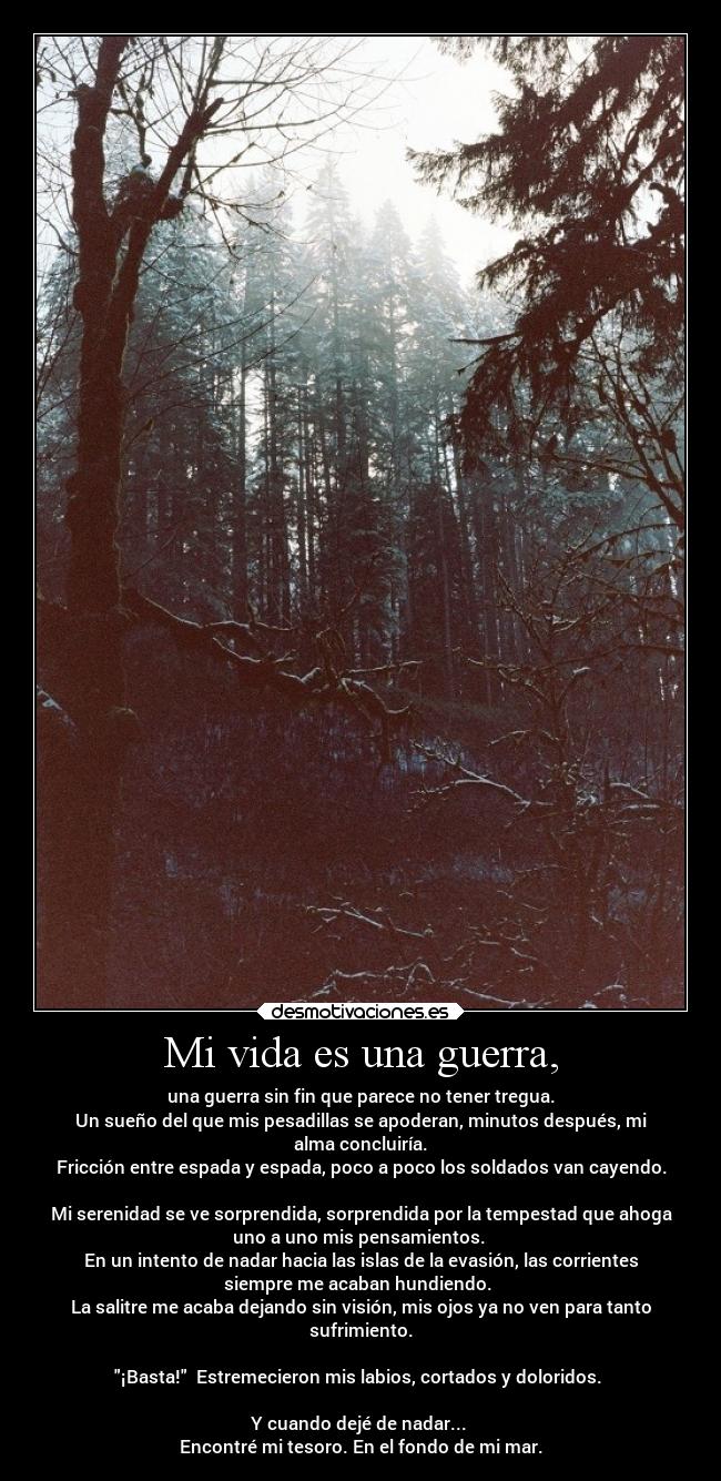 Mi vida es una guerra, - una guerra sin fin que parece no tener tregua.
Un sueño del que mis pesadillas se apoderan, minutos después, mi
alma concluiría.
Fricción entre espada y espada, poco a poco los soldados van cayendo.
Mi serenidad se ve sorprendida, sorprendida por la tempestad que ahoga
uno a uno mis pensamientos.
En un intento de nadar hacia las islas de la evasión, las corrientes
siempre me acaban hundiendo.
La salitre me acaba dejando sin visión, mis ojos ya no ven para tanto
sufrimiento.
¡Basta! Estremecieron mis labios, cortados y doloridos.
Y cuando dejé de nadar...
Encontré mi tesoro. En el fondo de mi mar.