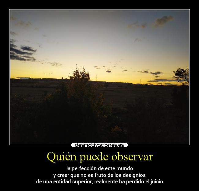 Quién puede observar - la perfección de este mundo
y creer que no es fruto de los designios
de una entidad superior, realmente ha perdido el juicio