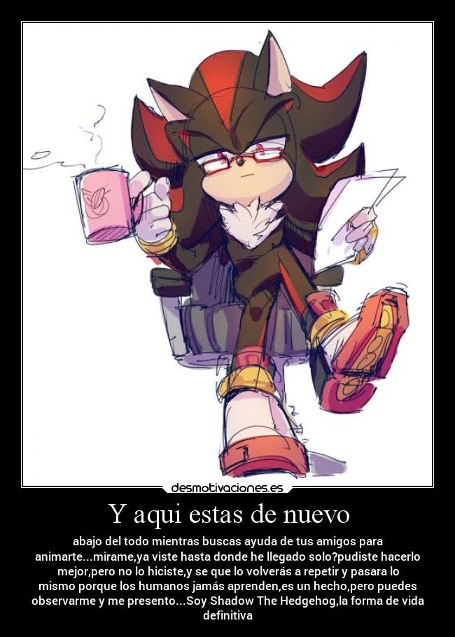 Y aqui estas de nuevo - abajo del todo mientras buscas ayuda de tus amigos para
animarte...mirame,ya viste hasta donde he llegado solo?pudiste hacerlo
mejor,pero no lo hiciste,y se que lo volverás a repetir y pasara lo
mismo porque los humanos jamás aprenden,es un hecho,pero puedes
observarme y me presento...Soy Shadow The Hedgehog,la forma de vida
definitiva