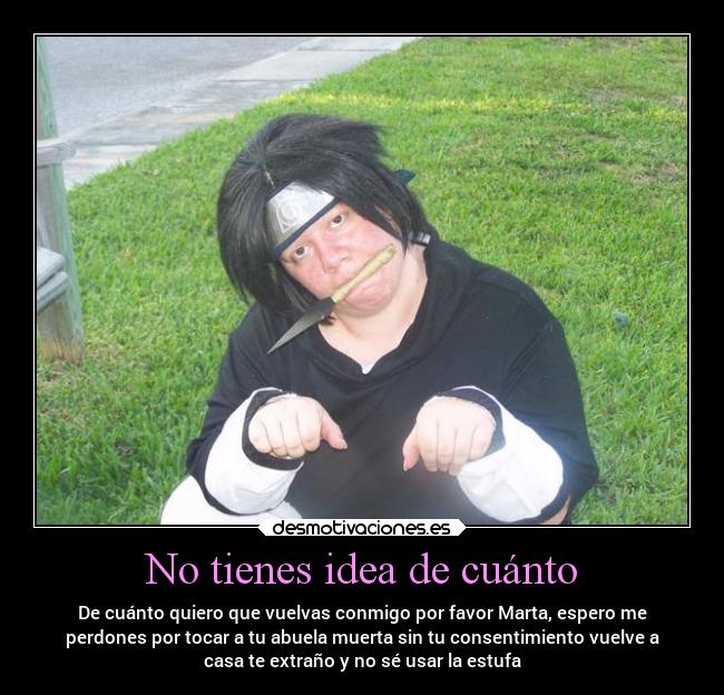 No tienes idea de cuánto - De cuánto quiero que vuelvas conmigo por favor Marta, espero me
perdones por tocar a tu abuela muerta sin tu consentimiento vuelve a
casa te extraño y no sé usar la estufa