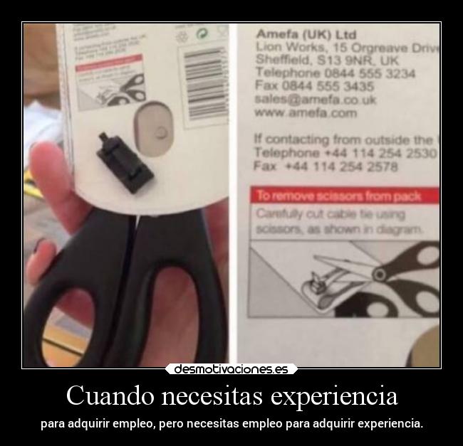 Cuando necesitas experiencia - para adquirir empleo, pero necesitas empleo para adquirir experiencia.