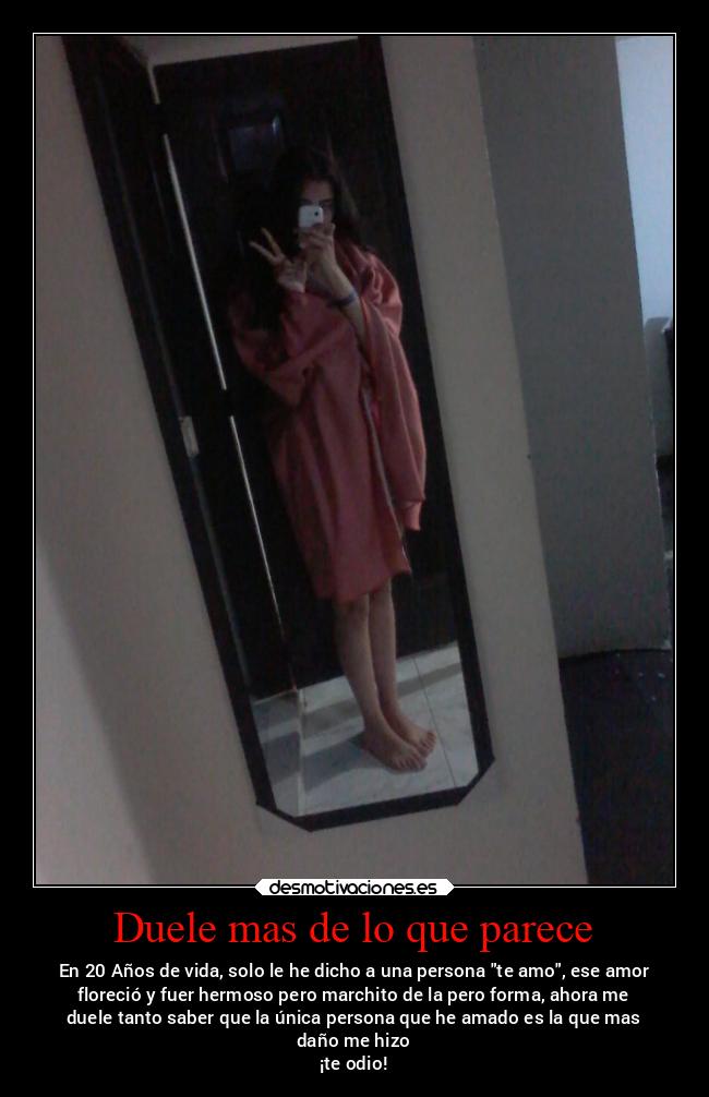 Duele mas de lo que parece - En 20 Años de vida, solo le he dicho a una persona te amo, ese amor
floreció y fuer hermoso pero marchito de la pero forma, ahora me
duele tanto saber que la única persona que he amado es la que mas
daño me hizo
¡te odio!