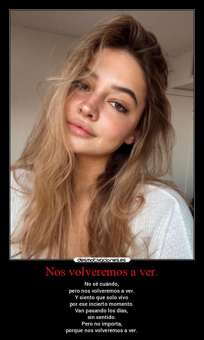 Nos volveremos a ver. - No sé cuándo,
pero nos volveremos a ver.
Y siento que solo vivo
por ese incierto momento.
Van pasando los días,
sin sentido.
Pero no importa,
porque nos volveremos a ver.