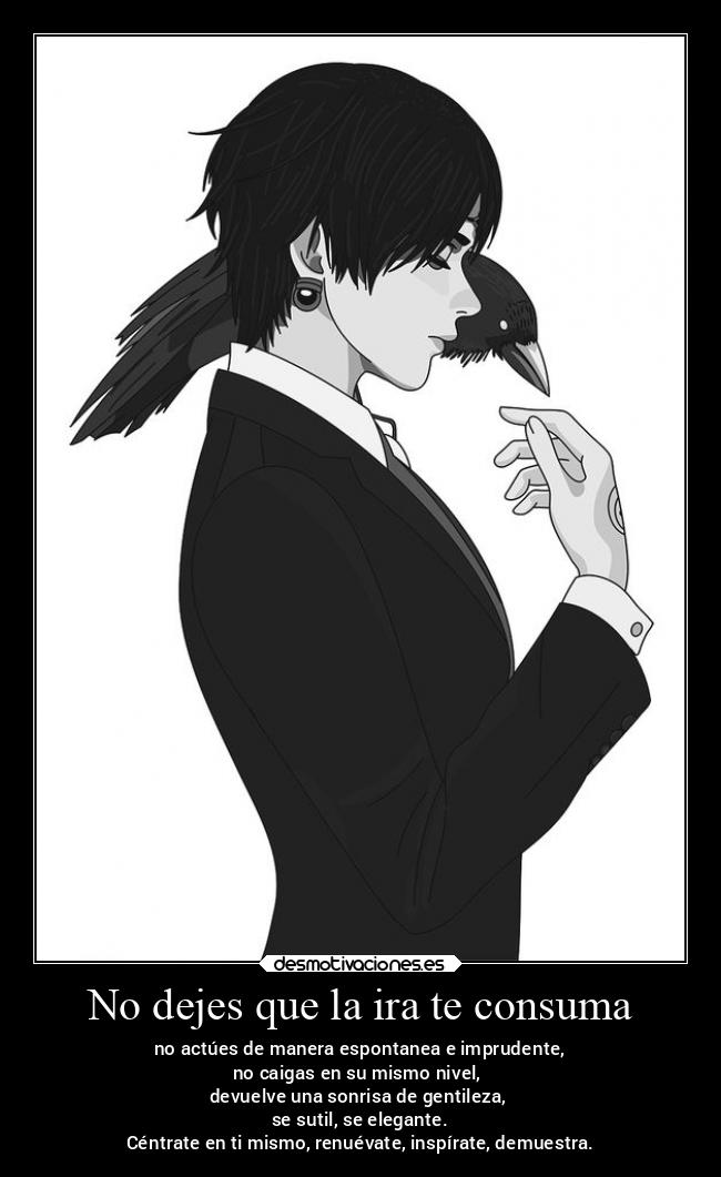 No dejes que la ira te consuma - no actúes de manera espontanea e imprudente,
no caigas en su mismo nivel, 
devuelve una sonrisa de gentileza, 
se sutil, se elegante.
Céntrate en ti mismo, renuévate, inspírate, demuestra.