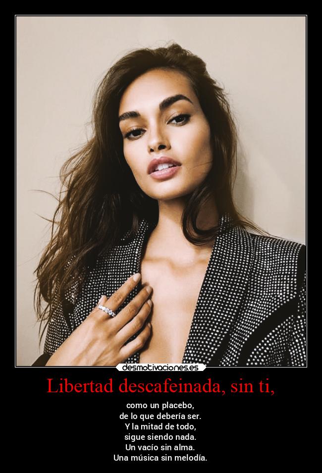 Libertad descafeinada, sin ti, - como un placebo,
de lo que debería ser.
Y la mitad de todo,
sigue siendo nada.
Un vacío sin alma.
Una música sin melodía.