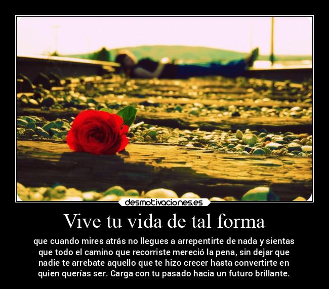 Vive tu vida de tal forma - que cuando mires atrás no llegues a arrepentirte de nada y sientas
que todo el camino que recorriste mereció la pena, sin dejar que
nadie te arrebate aquello que te hizo crecer hasta convertirte en
quien querías ser. Carga con tu pasado hacia un futuro brillante.