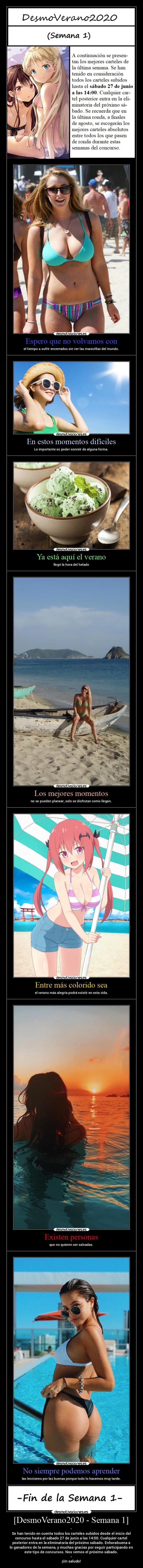 [DesmoVerano2020 - Semana 1] - -
Se han tenido en cuenta todos los carteles subidos desde el inicio del
concurso hasta el sábado 27 de junio a las 14:00. Cualquier cartel
posterior entra en la eliminatoria del próximo sábado. Enhorabuena a
lo ganadores de la semana, y muchas gracias por seguir participando en
este tipo de concursos. Nos vemos el próximo sábado.
-
¡Un saludo!