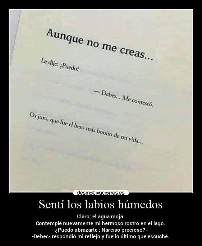 Sentí los labios húmedos - Claro; el agua moja.
Contemplé nuevamente mi hermoso rostro en el lago.
-¿Puedo abrazarte ; Narciso precioso? -
-Debes- respondió mi reflejo y fue lo último que escuché.