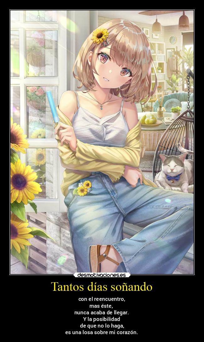 Tantos días soñando - con el reencuentro,
mas éste,
nunca acaba de llegar.
Y la posibilidad
de que no lo haga,
es una losa sobre mi corazón.