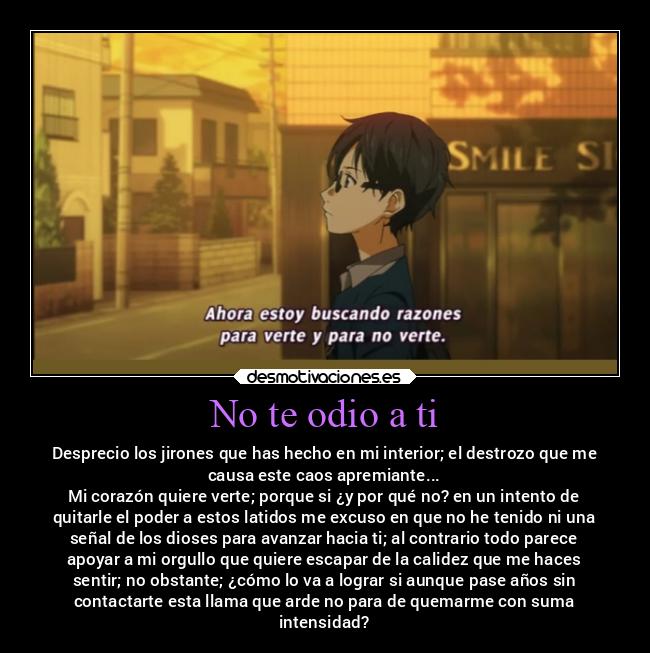 No te odio a ti - Desprecio los jirones que has hecho en mi interior; el destrozo que me
causa este caos apremiante...
Mi corazón quiere verte; porque si ¿y por qué no? en un intento de
quitarle el poder a estos latidos me excuso en que no he tenido ni una
señal de los dioses para avanzar hacia ti; al contrario todo parece
apoyar a mi orgullo que quiere escapar de la calidez que me haces
sentir; no obstante; ¿cómo lo va a lograr si aunque pase años sin
contactarte esta llama que arde no para de quemarme con suma
intensidad?