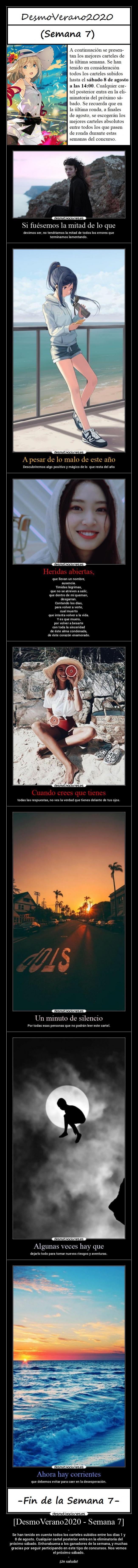 [DesmoVerano2020 - Semana 7] - -
Se han tenido en cuenta todos los carteles subidos entre los días 1 y
8 de agosto. Cualquier cartel posterior entra en la eliminatoria del
próximo sábado. Enhorabuena a los ganadores de la semana, y muchas
gracias por seguir participando en este tipo de concursos. Nos vemos
el próximo sábado.
-
¡Un saludo!