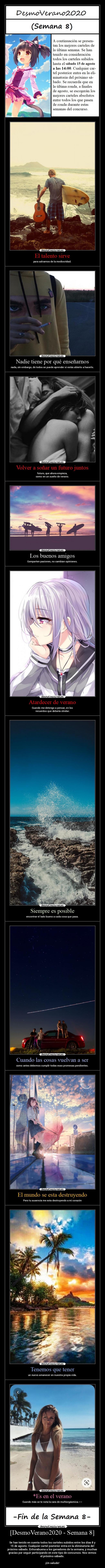 [DesmoVerano2020 - Semana 8] - -
Se han tenido en cuenta todos los carteles subidos entre los días 8 y
15 de agosto. Cualquier cartel posterior entra en la eliminatoria del
próximo sábado. Enhorabuena a los ganadores de la semana, y muchas
gracias por seguir participando en este tipo de concursos. Nos vemos
el próximo sábado.
-
¡Un saludo!