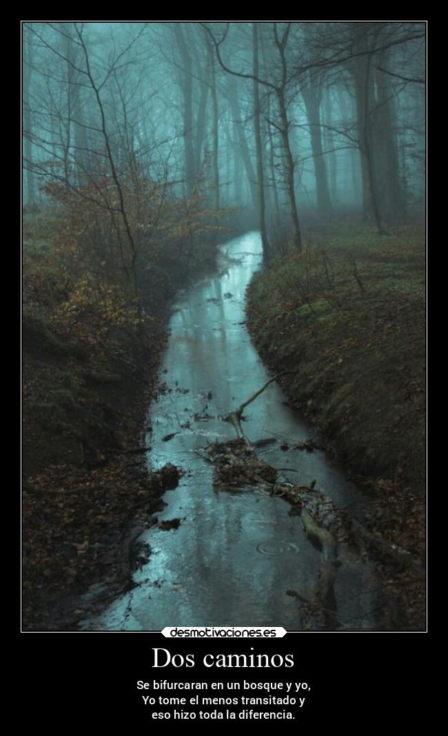 Dos caminos - Se bifurcaran en un bosque y yo,
Yo tome el menos transitado y
eso hizo toda la diferencia.