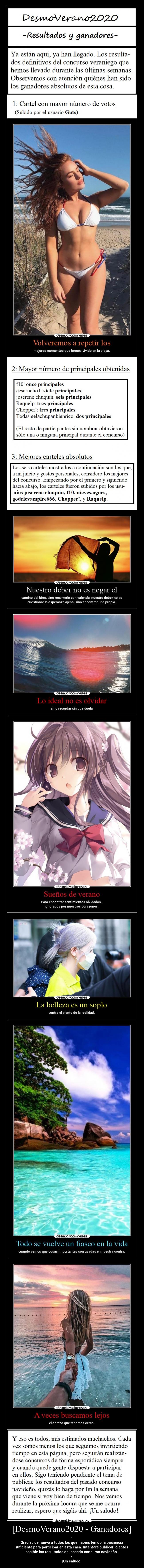 [DesmoVerano2020 - Ganadores] - -
Gracias de nuevo a todos los que habéis tenido la paciencia
suficiente para participar en esta casa. Intentaré publicar lo antes
posible los resultados del pasado concurso navideño.
-
¡Un saludo!