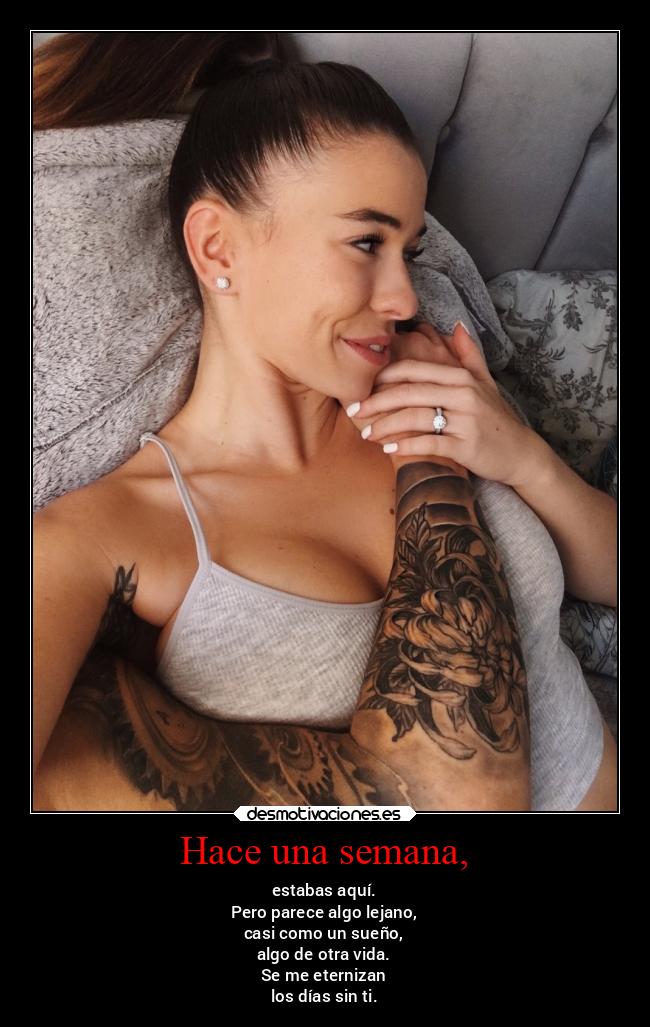 Hace una semana, - estabas aquí.
Pero parece algo lejano,
casi como un sueño,
algo de otra vida.
Se me eternizan
los días sin ti.