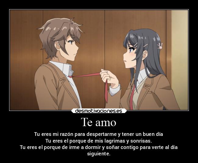 Te amo - Tu eres mi razón para despertarme y tener un buen día
Tu eres el porque de mis lagrimas y sonrisas.
Tu eres el porque de irme a dormir y soñar contigo para verte al día
siguiente.