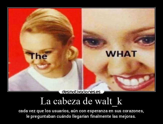 La cabeza de walt_k - cada vez que los usuarios, aún con esperanza en sus corazones,
le preguntaban cuándo llegarían finalmente las mejoras.
