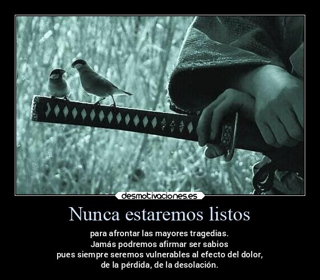 Nunca estaremos listos - para afrontar las mayores tragedias.
Jamás podremos afirmar ser sabios
pues siempre seremos vulnerables al efecto del dolor,
de la pérdida, de la desolación.