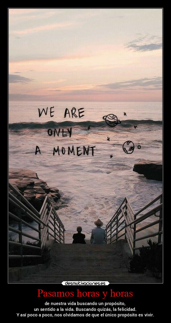 Pasamos horas y horas - de nuestra vida buscando un propósito,
un sentido a la vida. Buscando quizás, la felicidad.
Y así poco a poco, nos olvidamos de que el único propósito es vivir.