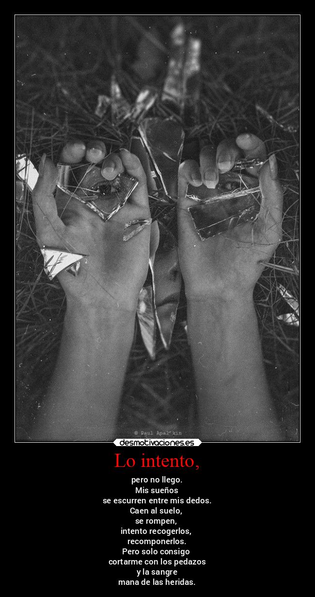 Lo intento, - pero no llego.
Mis sueños
se escurren entre mis dedos.
Caen al suelo, 
se rompen, 
intento recogerlos, 
recomponerlos.
Pero solo consigo 
cortarme con los pedazos
 y la sangre 
mana de las heridas.