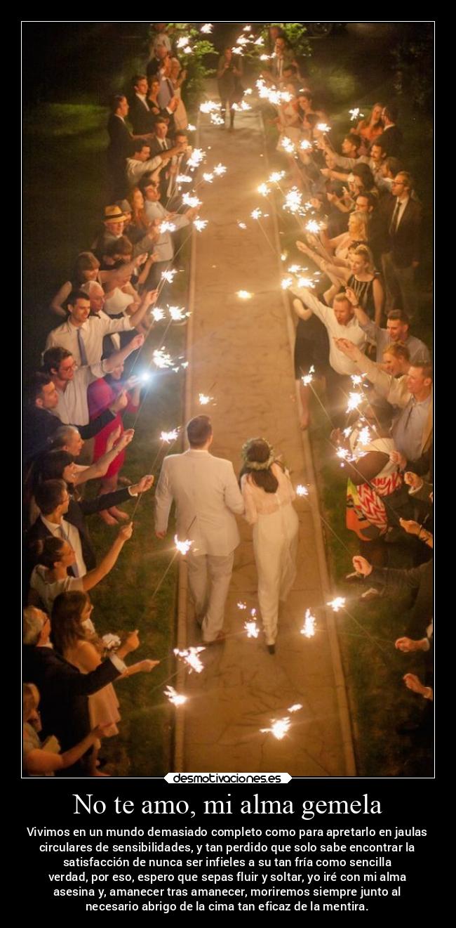 No te amo, mi alma gemela - Vivimos en un mundo demasiado completo como para apretarlo en jaulas
circulares de sensibilidades, y tan perdido que solo sabe encontrar la
satisfacción de nunca ser infieles a su tan fría como sencilla
verdad, por eso, espero que sepas fluir y soltar, yo iré con mi alma
asesina y, amanecer tras amanecer, moriremos siempre junto al
necesario abrigo de la cima tan eficaz de la mentira.