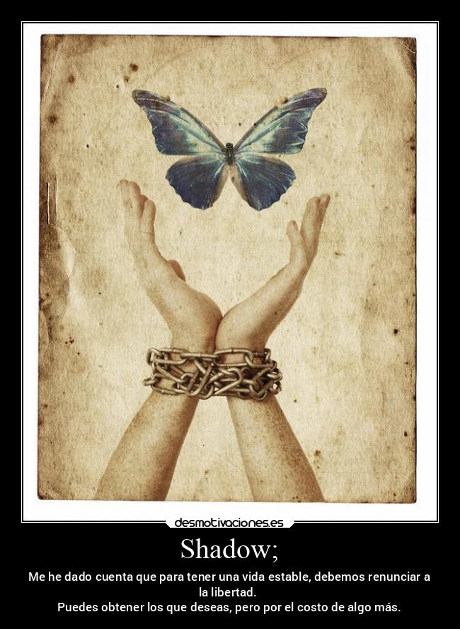 Shadow; - Me he dado cuenta que para tener una vida estable, debemos renunciar a
la libertad.
Puedes obtener los que deseas, pero por el costo de algo más.