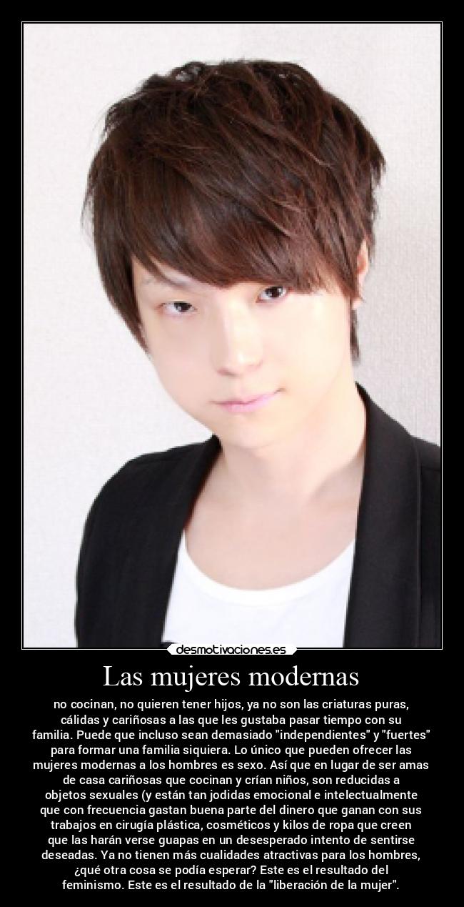 Las mujeres modernas - no cocinan, no quieren tener hijos, ya no son las criaturas puras,
cálidas y cariñosas a las que les gustaba pasar tiempo con su
familia. Puede que incluso sean demasiado independientes y fuertes
para formar una familia siquiera. Lo único que pueden ofrecer las
mujeres modernas a los hombres es sexo. Así que en lugar de ser amas
de casa cariñosas que cocinan y crían niños, son reducidas a
objetos sexuales (y están tan jodidas emocional e intelectualmente
que con frecuencia gastan buena parte del dinero que ganan con sus
trabajos en cirugía plástica, cosméticos y kilos de ropa que creen
que las harán verse guapas en un desesperado intento de sentirse
deseadas. Ya no tienen más cualidades atractivas para los hombres,
¿qué otra cosa se podía esperar? Este es el resultado del
feminismo. Este es el resultado de la liberación de la mujer.