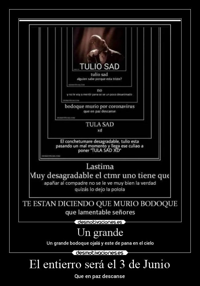 El entierro será el 3 de Junio -