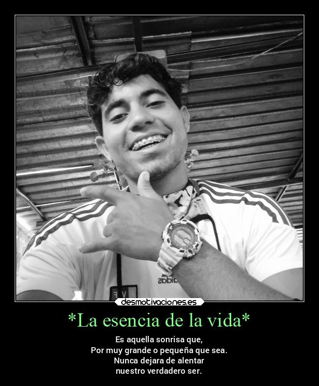 *La esencia de la vida* - Es aquella sonrisa que,
Por muy grande o pequeña que sea.
Nunca dejara de alentar
nuestro verdadero ser.
