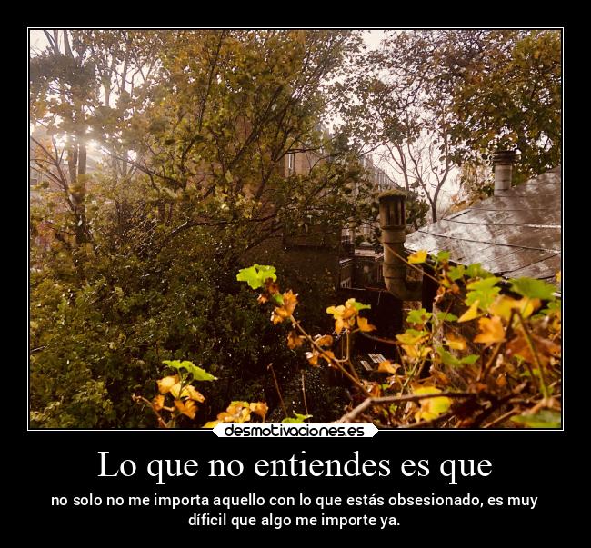 Lo que no entiendes es que - no solo no me importa aquello con lo que estás obsesionado, es muy
díficil que algo me importe ya.