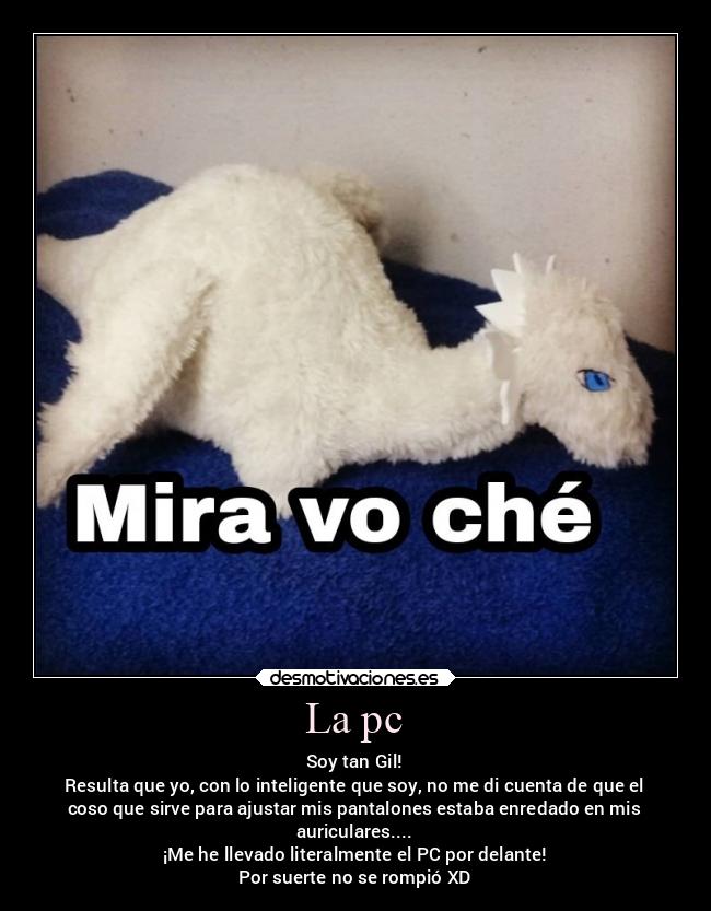 La pc - Soy tan Gil!
Resulta que yo, con lo inteligente que soy, no me di cuenta de que el
coso que sirve para ajustar mis pantalones estaba enredado en mis
auriculares....
¡Me he llevado literalmente el PC por delante!
Por suerte no se rompió XD