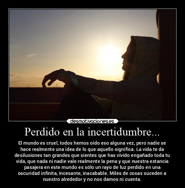 Perdido en la incertidumbre... - El mundo es cruel, todos hemos oído eso alguna vez, pero nadie se
hace realmente una idea de lo que aquello significa. La vida te da
desilusiones tan grandes que sientes que has vivido engañado toda tu
vida, que nada ni nadie vale realmente la pena y que nuestra estancia
pasajera en este mundo es sólo un rayo de luz perdido en una
oscuridad infinita, incesante, inacabable. Miles de cosas suceden a
nuestro alrededor y no nos damos ni cuenta.