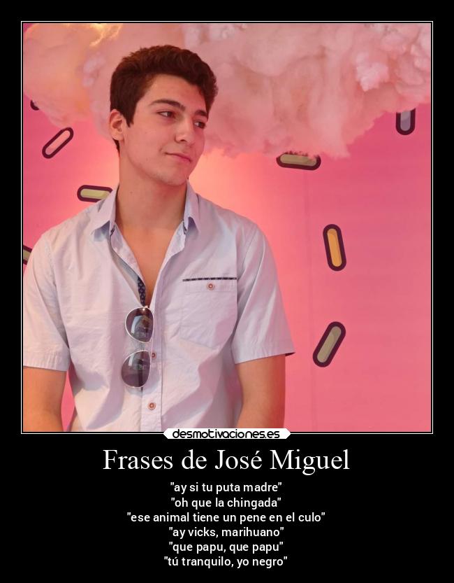 Frases de José Miguel - ay si tu puta madre
oh que la chingada
ese animal tiene un pene en el culo
ay vicks, marihuano
que papu, que papu
tú tranquilo, yo negro