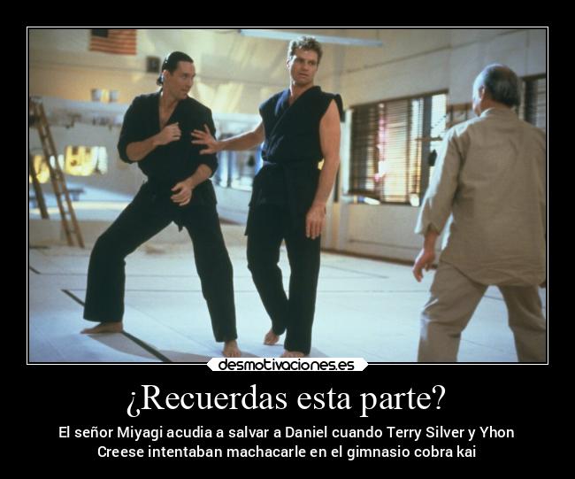 ¿Recuerdas esta parte? - El señor Miyagi acudia a salvar a Daniel cuando Terry Silver y Yhon
Creese intentaban machacarle en el gimnasio cobra kai