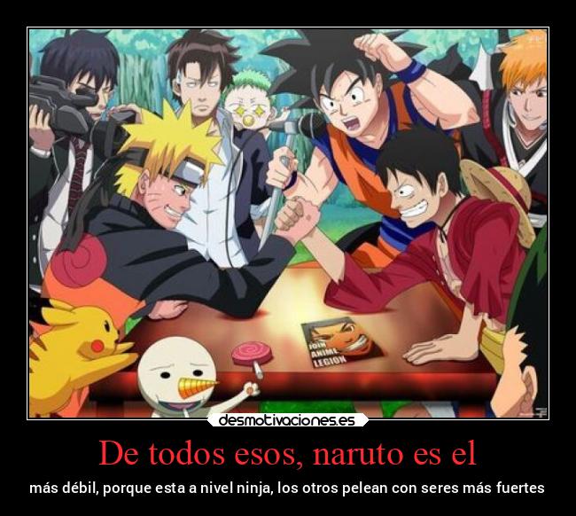 De todos esos, naruto es el - más débil, porque esta a nivel ninja, los otros pelean con seres más fuertes