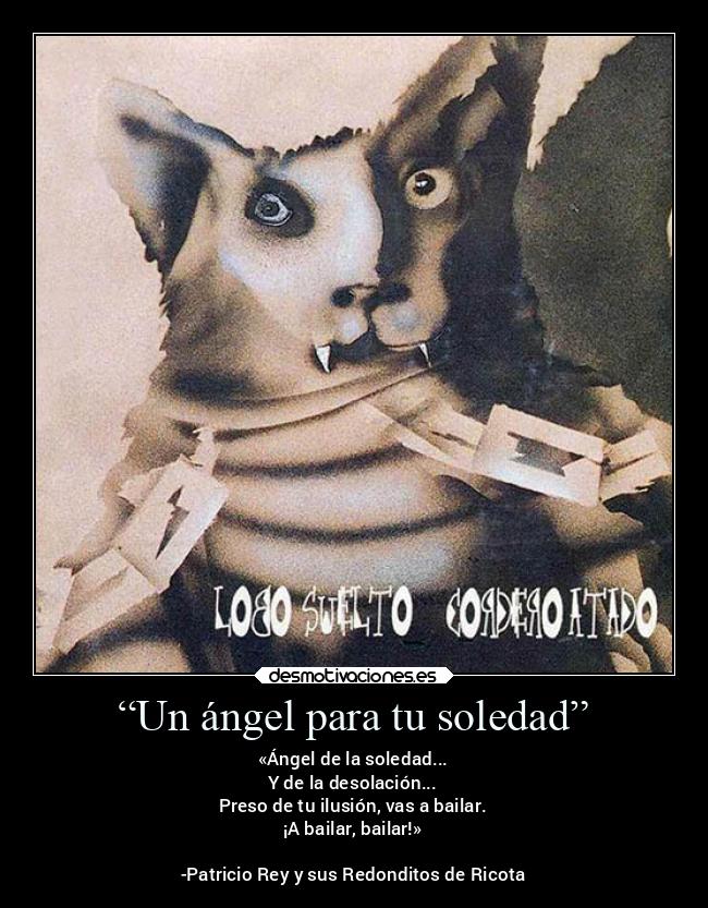 “Un ángel para tu soledad” - «Ángel de la soledad...
Y de la desolación...
Preso de tu ilusión, vas a bailar.
¡A bailar, bailar!»
-Patricio Rey y sus Redonditos de Ricota