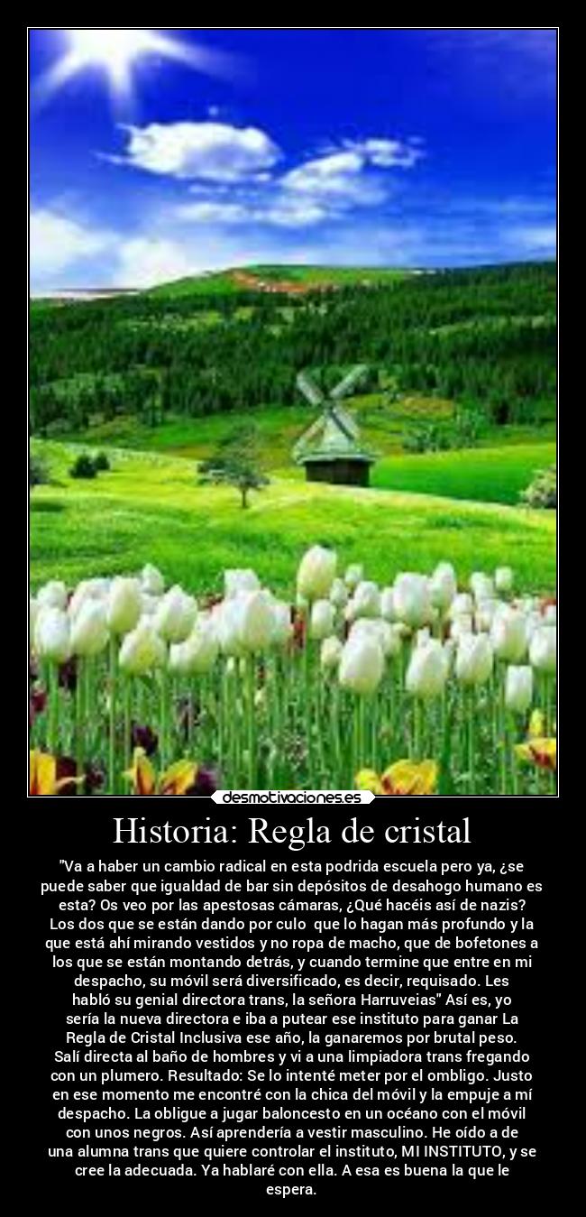 Historia: Regla de cristal - Va a haber un cambio radical en esta podrida escuela pero ya, ¿se
puede saber que igualdad de bar sin depósitos de desahogo humano es
esta? Os veo por las apestosas cámaras, ¿Qué hacéis así de nazis?
Los dos que se están dando por culo  que lo hagan más profundo y la
que está ahí mirando vestidos y no ropa de macho, que de bofetones a
los que se están montando detrás, y cuando termine que entre en mi
despacho, su móvil será diversificado, es decir, requisado. Les
habló su genial directora trans, la señora Harruveias Así es, yo
sería la nueva directora e iba a putear ese instituto para ganar La
Regla de Cristal Inclusiva ese año, la ganaremos por brutal peso.
Salí directa al baño de hombres y vi a una limpiadora trans fregando
con un plumero. Resultado: Se lo intenté meter por el ombligo. Justo
en ese momento me encontré con la chica del móvil y la empuje a mí
despacho. La obligue a jugar baloncesto en un océano con el móvil
con unos negros. Así aprendería a vestir masculino. He oído a de
una alumna trans que quiere controlar el instituto, MI INSTITUTO, y se
cree la adecuada. Ya hablaré con ella. A esa es buena la que le
espera.