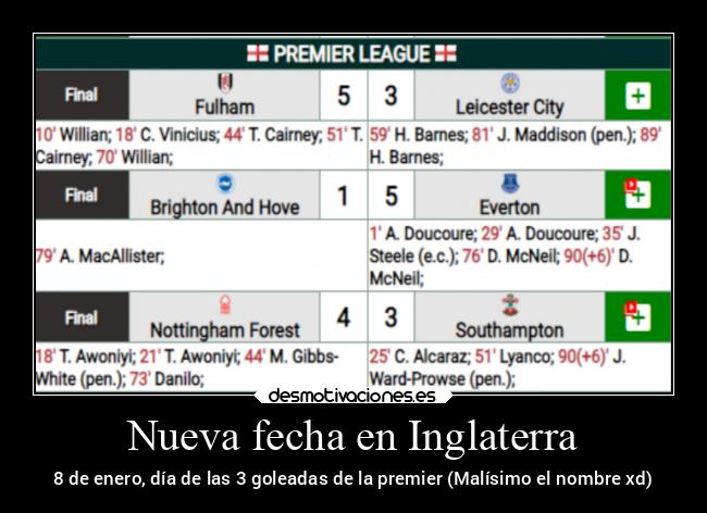 Nueva fecha en Inglaterra - 8 de enero, día de las 3 goleadas de la premier (Malísimo el nombre xd)