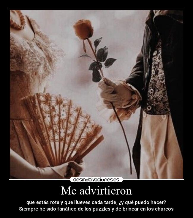 Me advirtieron - que estás rota y que llueves cada tarde, ¿y qué puedo hacer?
Siempre he sido fanático de los puzzles y de brincar en los charcos